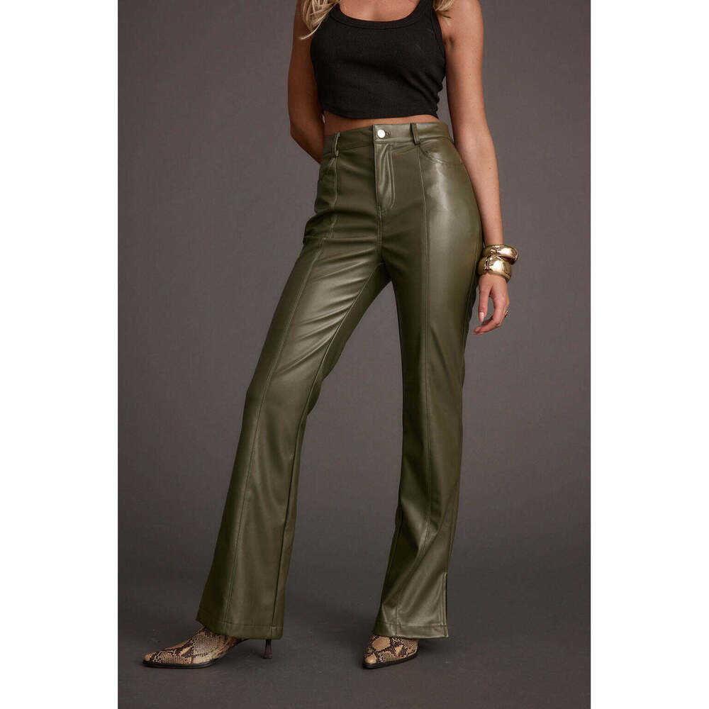 12th Tribe Ryland Olive Vegan Leather Flare Pants Size XS